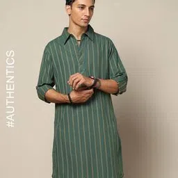 indie picks South Cotton Striped Dobby Pathani Kurta with Roll-Up Sleeves & Side Pocket-picture-32