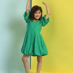 Girls Schiffli Embroidered V-Neck A-Line Dress-image-27