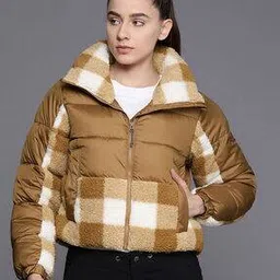 Women Checked Zip-Front Bombers Jacket -image-7