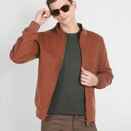 arrow Men Regular Fit Zip-Front Bomber Jacket with Logo Embroidery-picture-13