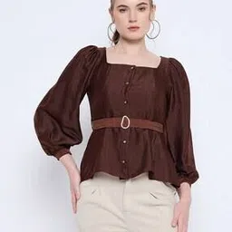 madame Women Crinkled Relaxed Fit Square-Neck Top with Puff Sleeves-picture-30