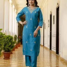 18india Women Embroidered Straight Kurta Suit Set-picture-17