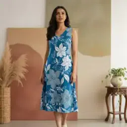 Women Floral Print V-Neck A-Line Dress-image-60