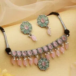 saraf rs jewellery Women Silver-Plated Stone-Studded Necklace & Earrings Set-picture-48