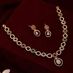 saraf rs jewellery Women Gold-Plated Stone-Studded Necklace & Earrings Set-picture-32