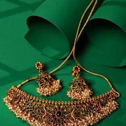 saraf rs jewellery Women Gold-Plated Stone-Studded Necklace & Earrings Set-picture-19