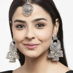 shining diva 12033S Oxidised Silver Chandbali Earrings with Mangtika Set-picture-12