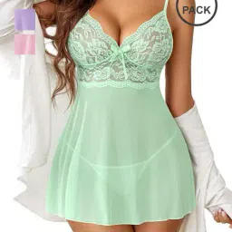 beach curve Women Pack of 3 Lace Babydolls with Panties & Scalloped Detail image 1