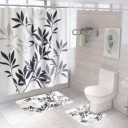 savya home Set of 2 Leaf Print Bathroom Mats & Shower Curtain-picture-45