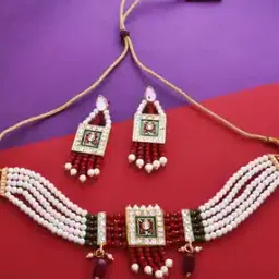 Pearl-Beaded Necklace & Earrings Set-image-55