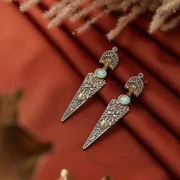 fabindia Women Silver-Plated Stone-Studded Dangler Earrings-picture-11