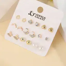 jewels galaxy Pack of 9 Women Gold-Plated Stud Earrings-picture-29
