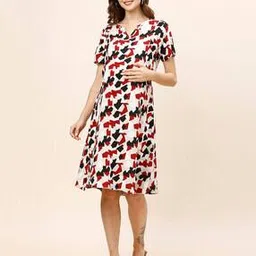 Women Floral Print Fit & Flare Dress with Mandarin Collar-image-9