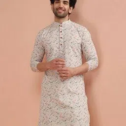 Men Floral Print Regular Fit Long Kurta with Mandarin Collar -image-1