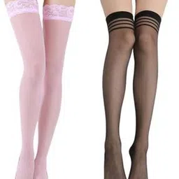 neska moda Women Pack of 2 Knee-High Sheer Stockings with Lace Hem-picture-31