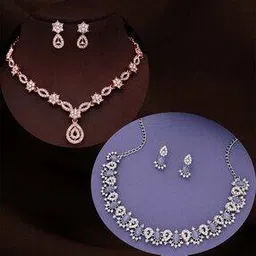 brado jewellery Set of 2 Gold-Plated Stone-Studded American-Diamond Studded Necklace & Earrings -picture-20