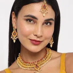 matchitt Women Gold-Plated Necklace Earrings & Mangtika Set-picture-18