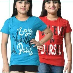 Girls Pack of 2 Typographic Print Regular Fit Crew-Neck T-Shirt-image-11