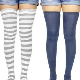 neska moda Women Pack of 2 Striped Thigh-High Stockings-picture-43