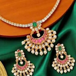 oomph Jewellery American Diamond & Kemp Stone Necklace Set-picture-53