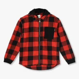 point cove Boys Checked Slim Fit Zip-Front Hooded Shirt with Patch Pocket image 1