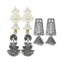thrillz Set of 3 Silver-Plated Enamelled Jhumka Earrings-picture-47