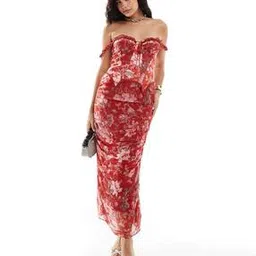 asos design Floral Print Off-Shoulder Satin Corset Chiffon Ruched Midi Dress-picture-13