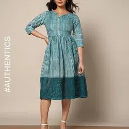 indie picks Handblock Print Schiffli Embroidered Fit & Flare Dress-picture-42