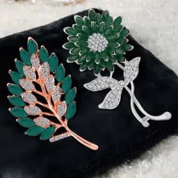 mahi Women Combo of Leaf and Sunflower Shape Crystal Studed Wedding Brooch image 1