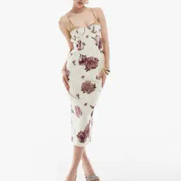 asos design Floral Print Cupped Panelled Linen Midi Pencil Dress with Cut-Out Detail image 1