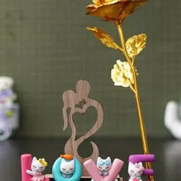 eCraftIndia Valentine Combo of Golden Rose Gift Set, Heart Couple Kissing Wooden Brown Showpiece With Stand, "Love" Animated Characters Showpiece-picture-15