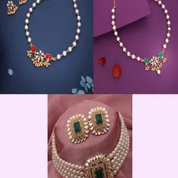 brado jewellery Pack of 3 Women Gold-Plated Necklace & Earings Set image 1