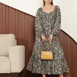 Shein Elegant Balloon Sleeves Sweetheart Ruched Neck Back Smocked Tiered Dress-picture-22