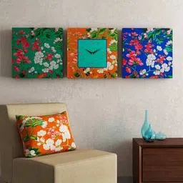 sej by nisha gupta Set of 3 Floral Print Square Shape wall Clock with Wall art-picture-39