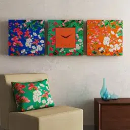 sej by nisha gupta Set of 3 Floral Print Square Shape wall Clock with Wall art-picture-20