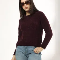 dnmx Women Chenille Relaxed Fit Pullover with Drop-Shoulder Sleeves-picture-50