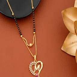 JEWEL WORLD Gold-Plated Stone-Studded & Beaded Initial M Shaped Mangalsutra-picture-40