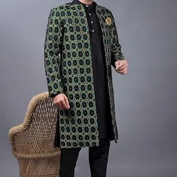 xepon Stylish Ethnic Wear Stand Collar Full Sleeve Black Kurta Pajama with Long Jacket Set image 3