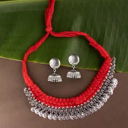 Ozanoo Red & Silver Plated Thread Temple Necklace Set-picture-10