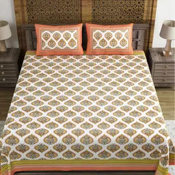 BLOCKS OF INDIA Orange & White Printed 210 TC Cotton King Bedsheet with 2 Pillow Covers image 3