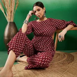 Sangria Kantha Printed Pure Cotton Boat Neck Tunic With Trousers image 5
