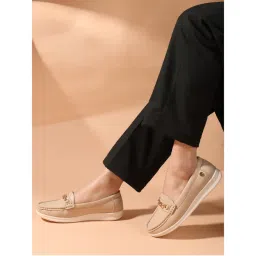 Carlton London Beige Solid Slip-On Women Horsebit Loafers-image-0