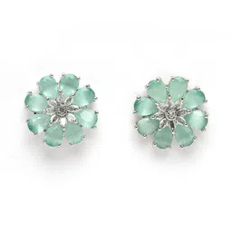 DressBerry Rhodium-Plated American Diamond-Studded Floral Stud Earrings image 2