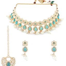 Zaveri Pearls Gold-Plated Kundan Studded Necklace With Earrings & Maang Tika image 5
