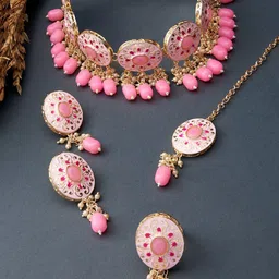 Zaveri Pearls Gold-Plated Pink Stone-Studded & Beaded Meenakari Jewellery Set-picture-19