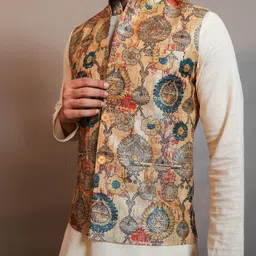 vastraa fusion Men's Digital Print Nehru Jacket In Silk Ethnic Festive Modi Waistcoat Look image 3