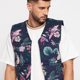 FUGAZEE Men Navy Blue Pink Floral Lightweight Crop Open Front Jacket-image-16