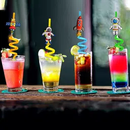 NEEYATI Durable,Reusable and ECO Friendly Straws for Kids, Astronaut Space Rocket Spiral Drinking Straw for Drinking Juice, Milk -Multicolor - Pack of 4 (25CM) image 3