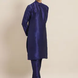 SOJANYA Men Navy Blue & Mustard Yellow Solid Kurta with Churidar & Ethnic Printed Jacket image 3
