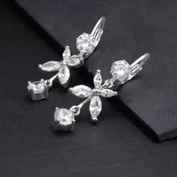 Priyaasi Silver-Toned Rhodium-Plated American Diamond Studded Floral Drop Earrings image 1